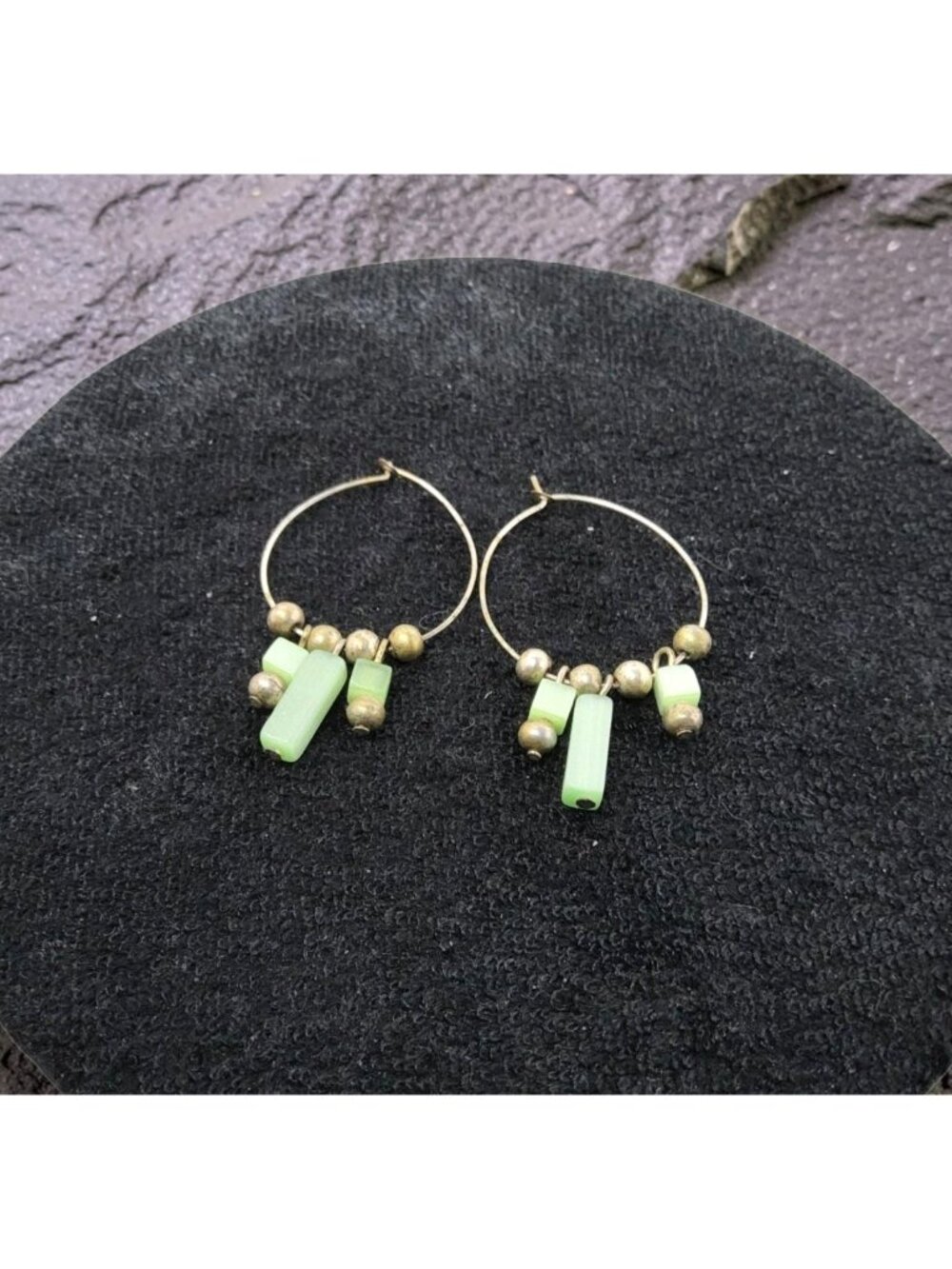 Vintage Aqua Color Acrylic Blocks and Metal Beads Hoop Wire Earrings